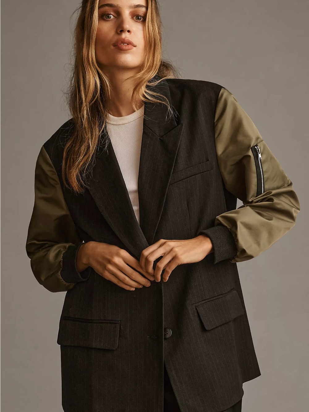 Dolan Mixed-Media Black Blazer with Olive Bomber Sleeves